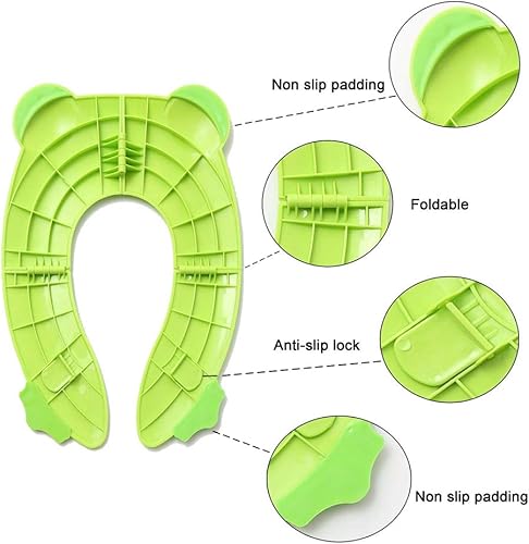 Toilet Potty Training Seat Cover, Travel Toilet Seat, Folding Non Slip Silicone Pads, Travel Portable Reusable Kids Toddlers Boys Girls, Carry Bag (Green - Frog) - Jamouz