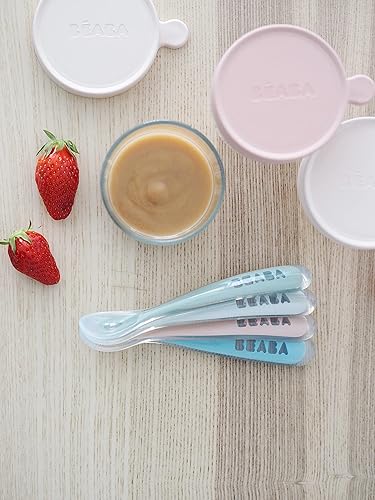 BEABA Baby's First Foods Spoon Set, Original Silicone Baby Spoons, Baby Essentials, Baby Spoons, Pack of 4 Baby Gift Set, BPA Lead & Phthalate Free, Rain - Jamouz