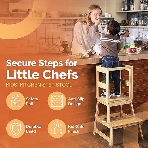 SDADI Kids Kitchen Step Stool Holds up to 150 Pounds with Safety Rail, White - Jamouz