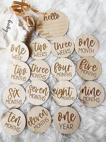 Wooden Milestone Cards and Discs 16pc Set for Baby Photos and First Year Milestones - New Parents and Baby Showers with 'Hello World' Sign and Monthly Cards from 1-12 Months. - Jamouz