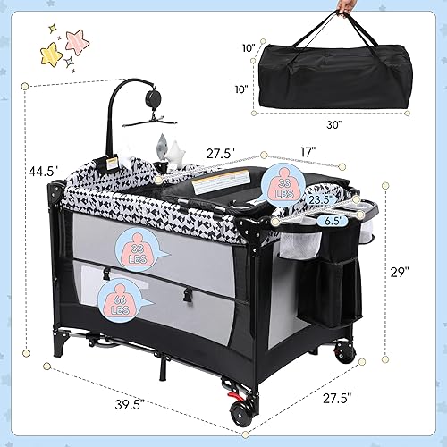 Xilingol 5-in-1 Pack and Play, Baby Bassinet Bedside Sleeper with Diaper Changer, Storage Bag & Music Box, Portable Baby Crib with Carry Bag, Foldable Playard with Bassinet for Newborn to Toddlers - Jamouz