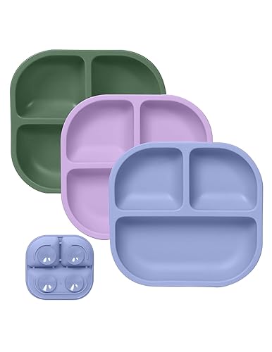 BABELIO Powerful Suction Plates for Baby and Toddler, 100% Food Grand Silicone, Divided, BPA Free, Microwave & Dishwasher Safe, Stay Put, 3 Pack - Jamouz