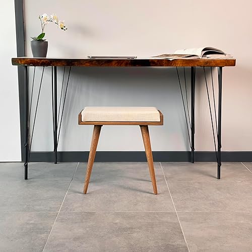 Walnut Ottoman Stool for Living Room | Upholstered in Crowbar Pattern Fabric | Versatile as a Piano Bench | Ideal Bedroom Bench | Functional Footstool Bench - Jamouz