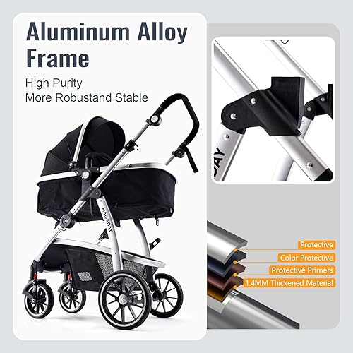 Baby Stroller, 2-in-1 Reversible Stroller with Bassinet Mode, Foldable Infant Stroller with Canopy, One Button Brake, Adjustable Handle, Newborn Stroller (Gray) - Jamouz