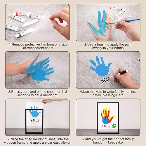 Family Handprint Kit, DIY Craft Keepsake Frame, Baby Hand Print Kits, Family Gifts for New Mom, New Parents, Grandparents, Father's Day, Mother's Day, Anniversary, 6 Non -Toxic Paints (White) - Jamouz
