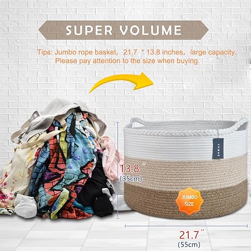 COMSE Extra Large Blanket Basket, Storage Basket, Laundry Basket, 21.7”x 13.8”, Laundry Hamper, Cotton Rope Basket, Blanket Basket Living Room, Toy Basket (White & Cadet Blue & Navy Blue) - Jamouz