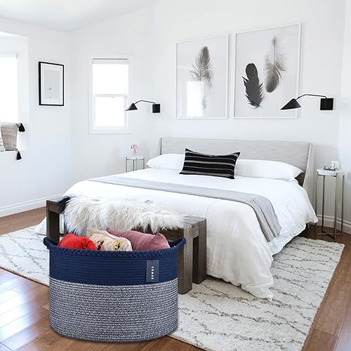 COMSE Extra Large Blanket Basket, Storage Basket, Laundry Basket, 21.7”x 13.8”, Laundry Hamper, Cotton Rope Basket, Blanket Basket Living Room, Toy Basket (White & Cadet Blue & Navy Blue) - Jamouz