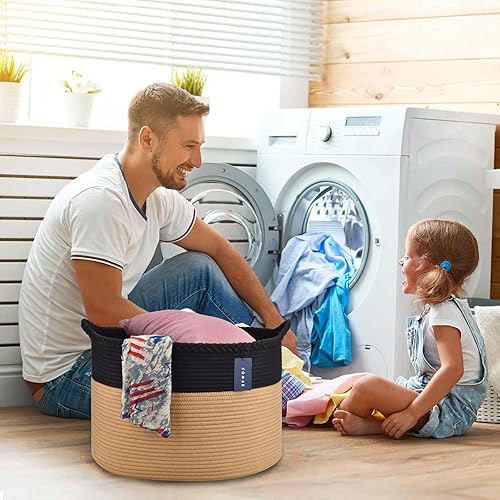 COMSE Extra Large Blanket Basket, Storage Basket, Laundry Basket, 21.7”x 13.8”, Laundry Hamper, Cotton Rope Basket, Blanket Basket Living Room, Toy Basket (White & Cadet Blue & Navy Blue) - Jamouz