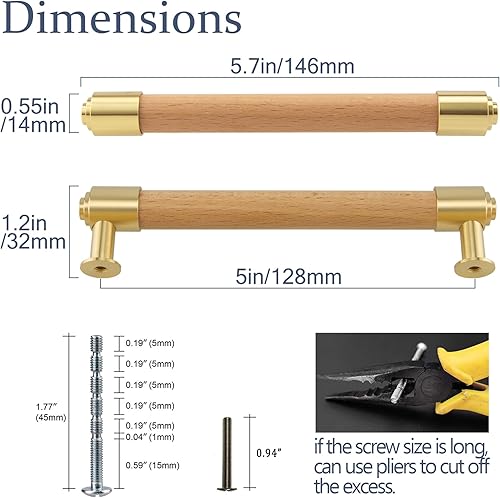 Modern Mid Century Brass and Wood Cabinet Pulls 3 Inch Center to Center Hole 4Pack Kitchen Drawer Handle Unfinished Dresser Knob for Closet Cupboard Wardrobe Brushed Finish - Jamouz