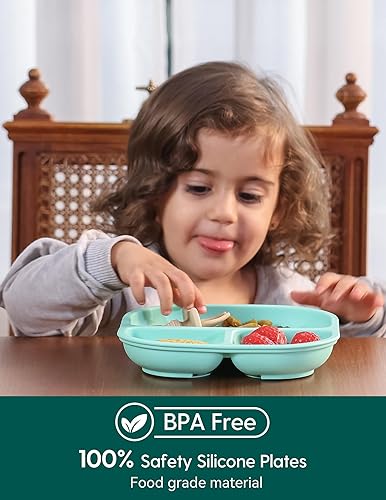 BABELIO Powerful Suction Plates for Baby and Toddler, 100% Food Grand Silicone, Divided, BPA Free, Microwave & Dishwasher Safe, Stay Put, 3 Pack - Jamouz