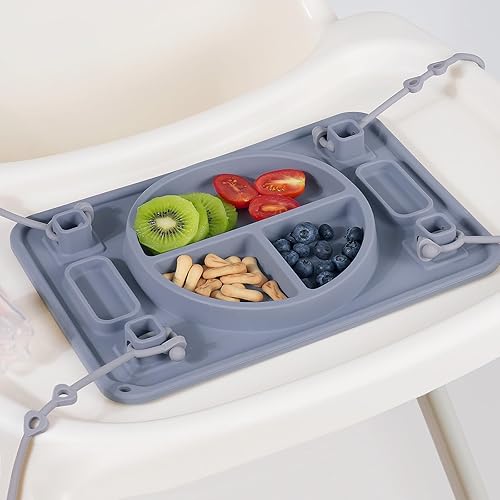 Platinum Food Grade Silicone Plates with Strong Suction for Baby & Toddlers, Baby Placemats with 4 Toy Straps to Secure Baby Essentials, Baby Led Weaning, Self Feeding, Dishwasher Safe (Green) - Jamouz