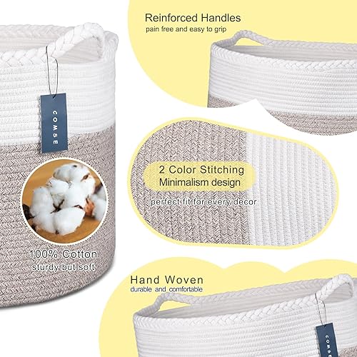 COMSE Extra Large Blanket Basket, Storage Basket, Laundry Basket, 21.7”x 13.8”, Laundry Hamper, Cotton Rope Basket, Blanket Basket Living Room, Toy Basket (White & Cadet Blue & Navy Blue) - Jamouz