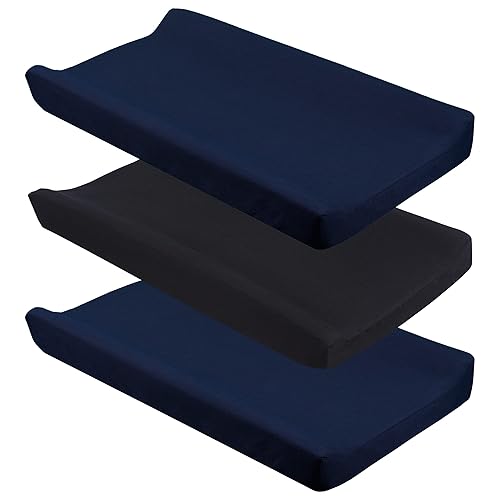 CaSaJa Navy Diaper Changing Pad Cover with Strap Holes Set of 3, Snug Fit 4-Sided Contoured Changing Table Pad 16x31 16x32, Fitted Change Pad Sheet for Baby Boy, 100% Silky Soft Microfiber - Jamouz