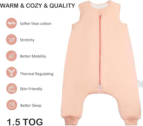 Rayon Made from Bamboo Toddler Sleep Sack with Feet, 1.5 TOG Sleeveless Toddler Sleep Sack, 2-Way Zipper - Jamouz