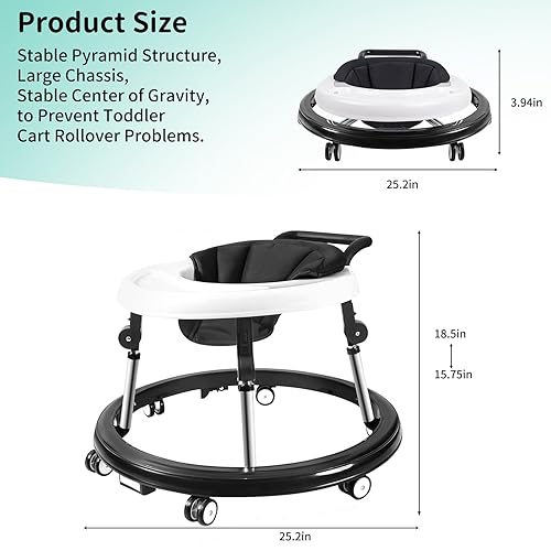 Baby Walker with Wheels, 3 in 1 Activity Center with Mute Wheels Anti-Rollover, 9-Gear Height Adjustable Foldable Baby Walker for Boys and Girls from 6-18 Months with Push Handle, Footrest - Jamouz