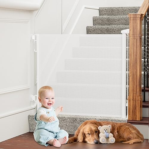 Retractable Baby Gates Extra Wide, PRObebi Retractable Dog Gate for The House Extends to 54' Wide 34' Tall, Gates for Baby Indoor, Stair Gate for Outdoor, Staris, Hallways, Doorways, Deck, Porch - Jamouz