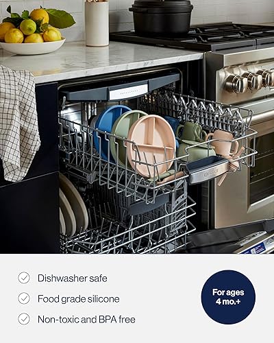 Lalo First Bites Silicone Baby Feeding Set - Baby Led Weaning Supplies - Non-Toxic Silicone - Includes 2 Bibs, 2 Spoons, Training Cup, Suction Plate and Bowl - 6 Pieces - Sage - Jamouz