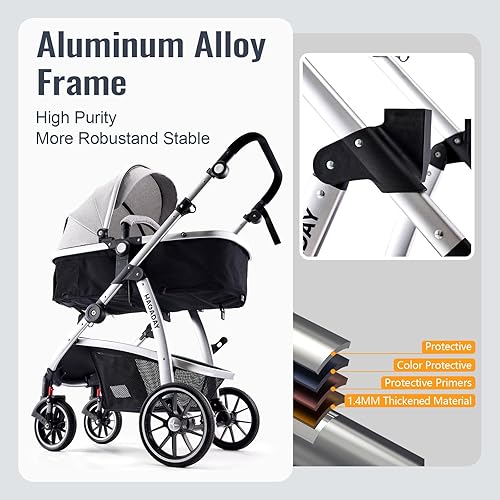 Baby Stroller, 2-in-1 Reversible Stroller with Bassinet Mode, Foldable Infant Stroller with Canopy, One Button Brake, Adjustable Handle, Newborn Stroller (Gray) - Jamouz