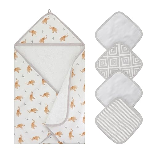 Featherhead™ 5-Piece 100% Cotton Muslin Hooded Bath Towel & Washcloths Unisex Set for Baby Boy & Girl - Ultra Soft and Extra Absorbent - Newborn Essential & Perfect Baby Registry Gift (Grey Elephant) - Jamouz