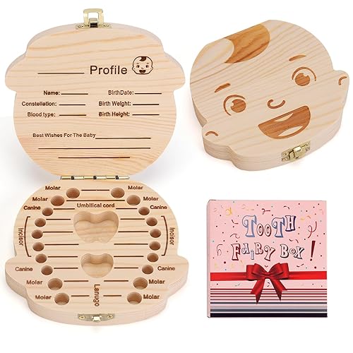 Baby Tooth Box by NASHRIO - Wooden Kids Keepsake Organizer Gift for Baby Teeth, Cute Children Tooth Container with Tweezers to Keep the Childwood Memory (Boy) - Jamouz
