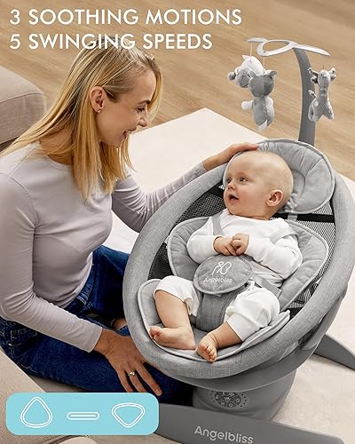 Angelbliss 3 in 1 Baby Swing with Motion Detection, Portable Baby Swings for Infants with Removable Rocker & Stationary Seat, Bluetooth Enabled with 3 Unique Motions (Grey) - Jamouz