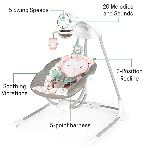 Ingenuity InLighten 5-Speed Baby Swing - Swivel Infant Seat, 5 Point Safety Harness, Nature Sounds, Lights - Nally Owl - Jamouz