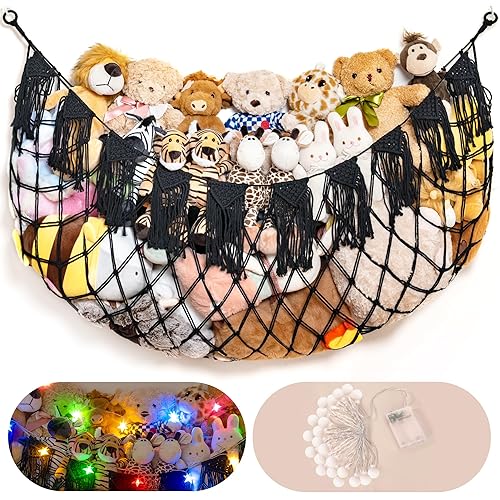 Stuffed Animal Hammock Net with Lights - Big Wall Hanging Stuffed Animal Storage for Plushies and Teddy Bears,Boho Macrame Toy Hammock Organizer Holder for Kids Boys Bedrooms Playroom Nursery （White） - Jamouz