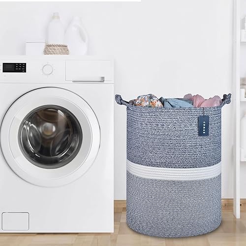 COMSE Extra Large Blanket Basket, High Storage Basket, Tall Rope Laundry Basket, 15.7”x 21.7”, Cotton Rope Basket, XXXL Laundry Basket, Toy Basket, Clothes Baskets,White/Cadet Blue/Navy Blue - Jamouz