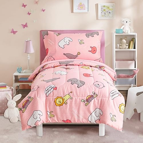 Flysheep 4 Piece Gray Grey Toddler Bedding Set with Multi Animals Printed for Baby Boys - Includes Quilted Comforter, Flat Sheet, Fitted Sheet & Pillow Case, Soft & Comfortable Microfiber - Jamouz