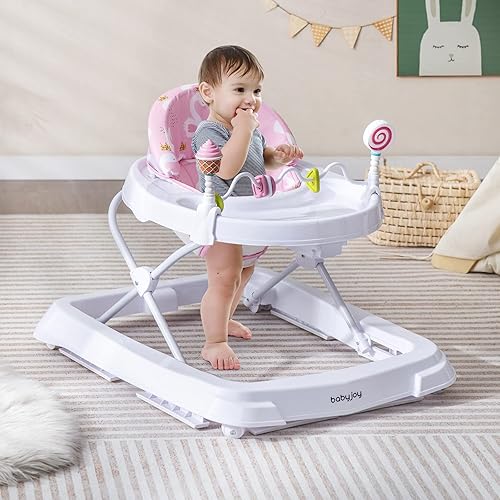 BABY JOY Baby Walker, Foldable Activity Walker Helper with Adjustable Height, Baby Activity Walker with High Back Padded Seat & Bear Toys (Gray, Star Pattern) - Jamouz