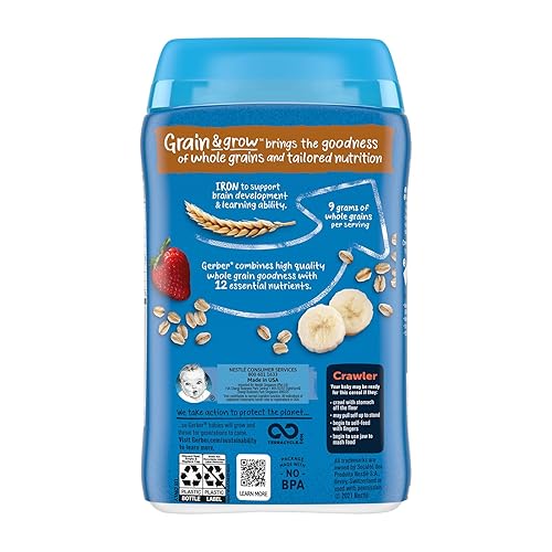 Gerber 3rd Foods Cereal for Baby Grain and Grow Lil' Bits Baby Cereal, Banana Strawberry Oatmeal, 8oz Canister - Jamouz