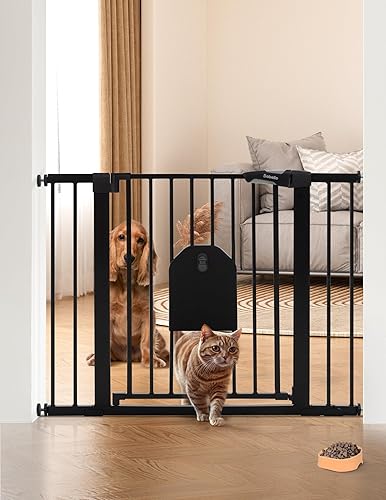 Babelio Auto Close Baby Gate with Cat Door,29-43' Metal Gate for Doorway,Stairs, House,Easy Walk Thru with Pet Door,Includes 4 Wall Cups and 3 Extension Pieces,Black - Jamouz
