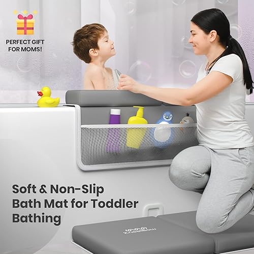 Baby Bath Kneeler and Elbow Rest Pad 2 Pieces Set with 3 Spacious Pocket to Organize Baby Acessories, 1.5' Thick Non-Slip, Soft, Fast-Drying Foldable Toddler Bath (Grey) - Jamouz