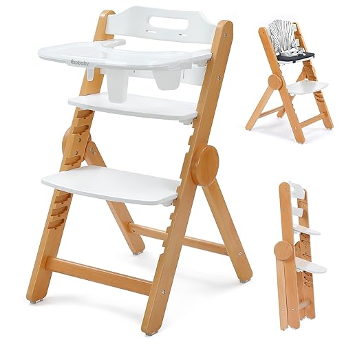 Ezebaby Wooden High Chair Grow with Your Child, Foldable Baby High Chair with Adjustable Seat and Footrest Heights, High Chair for Babies and Toddlers with Cushion and Large Double Layer Tray(White) - Jamouz