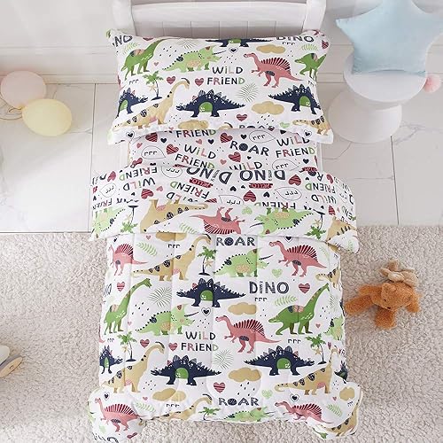 Joyreap 4 Piece Toddler Bedding Set, Standard Size Colorful Dinosaur Printed on Navy, Includes Quilted Comforter, Fitted Sheet, Top Sheet, and Pillow Case for Boys n Girls - Jamouz