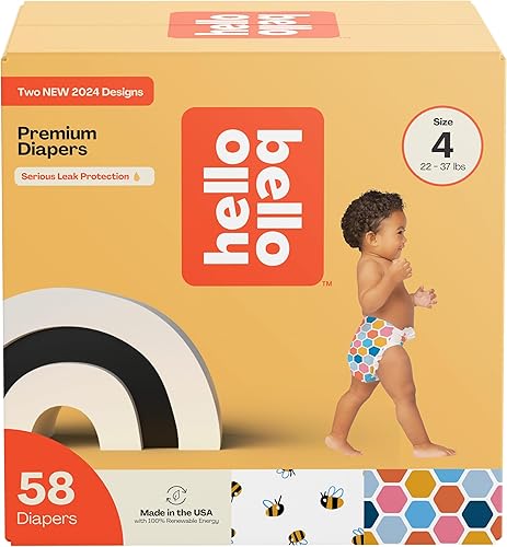 Hello Bello Premium Diapers Size 4, Honeysuckle Designs, 58ct Club Box, Hypoallergenic and Extra Absorbent - Jamouz