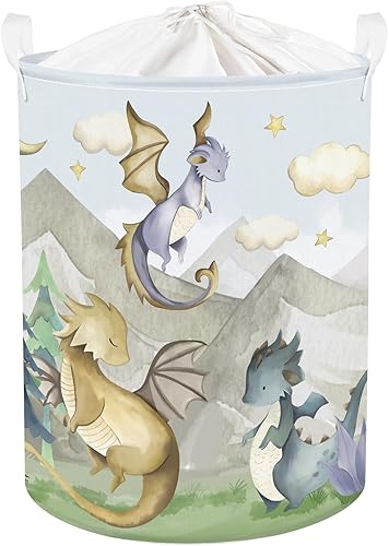 Clastyle 45L Kids Cute Dragon Nursery Hamper Mountain Tree Dirty Clothes Collapsible Laundry Basket Round Cloud Toys Storage Basket with Drawstring - Jamouz