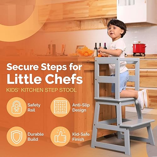SDADI Kids Kitchen Step Stool Holds up to 150 Pounds with Safety Rail, White - Jamouz