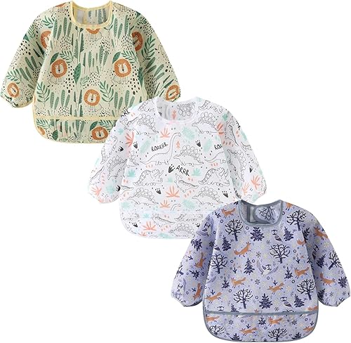 3 Pack Long Sleeve Bib,Baby Smock for Eating 6-30 Months Reusable Shirt Bibs for Babies Toddler - Jamouz