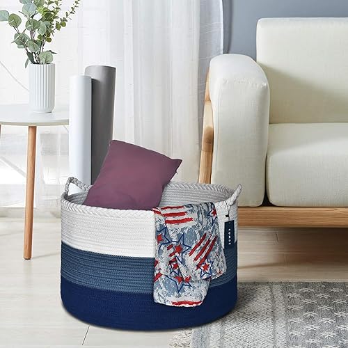 COMSE Extra Large Blanket Basket, Storage Basket, Laundry Basket, 21.7”x 13.8”, Laundry Hamper, Cotton Rope Basket, Blanket Basket Living Room, Toy Basket (White & Cadet Blue & Navy Blue) - Jamouz