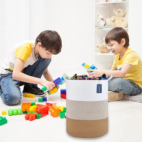 COMSE Extra Large Blanket Basket, High Storage Basket, Tall Rope Laundry Basket, 15.7”x 21.7”, Cotton Rope Basket, XXXL Laundry Basket, Toy Basket, Clothes Baskets,White/Cadet Blue/Navy Blue - Jamouz