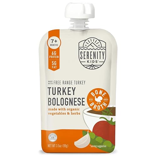 Serenity Kids Bone Broth Puree Made with Organic Veggies - Clean Label Project Purity Award Certified - 3.5 Ounce BPA-Free Pouch - Free Range Turkey Bolognese - 6 Count - Baby Food Turkey Bone Broth - Jamouz