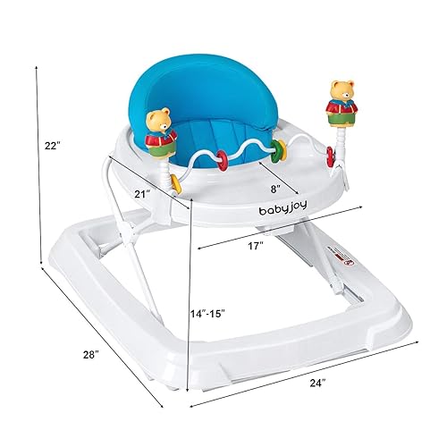 BABY JOY Baby Walker, Foldable Activity Walker Helper with Adjustable Height, Baby Activity Walker with High Back Padded Seat & Bear Toys (Gray, Star Pattern) - Jamouz