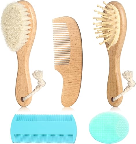 Goat Baby Hair Brush Set, Wooden Comb Massage Scalp Comb, Safe Natural Hair Care Kit, Soft Silicone Bath Brush for Newborns Toddlers (Brush Set+ Green Massager) - Jamouz