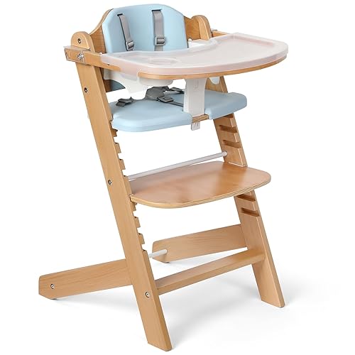 Cowiewie 3-in-1 Convertible Natural Wooden High Chair for Babies & Toddlers 3-Tier Remove & 2 Adjustable Wood Tray & 8 Levels Adjustable, 2 Waterproof Cozy Cushions Grey - Jamouz