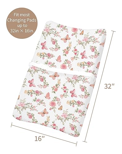 Changing Pad Cover for Baby Boy Girl 2 Pack, Muslin Changing Table Pad Covers with Boho Style, Neutral Nursery Bedding Essentials Soft and Breathable(Dusty Rose & Flower-A) - Jamouz
