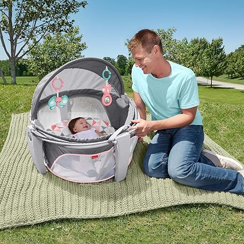 Fisher-Price Portable Bassinet On-The-Go Baby Dome, Travel Play Space with Developmental Newborn Toys & Canopy, Rosy Windmill - Jamouz