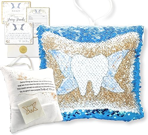 Tooth Fairy Pillow Kit for Girls and Boys - Tooth Fairy Evidence Kit with Tooth Fairy Bag - Multi Color Reversible Sequin and Large Pocket - Tooth Pillow with Tooth Fairy Bag - Jamouz