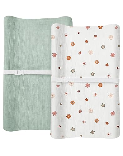 Changing Pad Cover for Baby Boy Girl 2 Pack, Muslin Changing Table Pad Covers with Boho Style, Neutral Nursery Bedding Essentials Soft and Breathable(Dusty Rose & Flower-A) - Jamouz