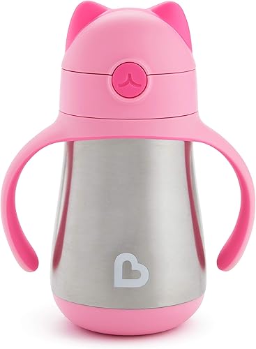 Munchkin Cool Cat Sippy Cup for Toddlers, Stainless Steel Straw Cup, 8 Ounce, Pink - Jamouz